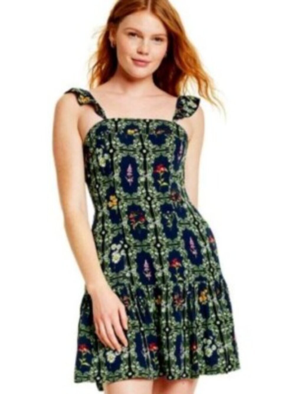 Agua Bendita x Target Women's Large Navy Floral Tile Flutter Sleeve Mini Dress